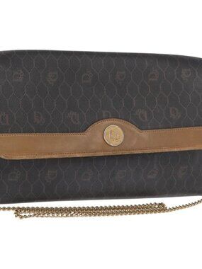 Authentic Christian Dior Honeycomb Canvas Chain Shoulder Bag PVC Black Gold